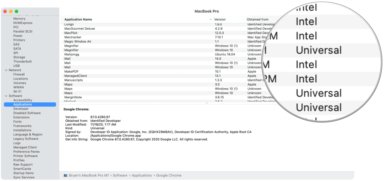 Software applications report Apple M1