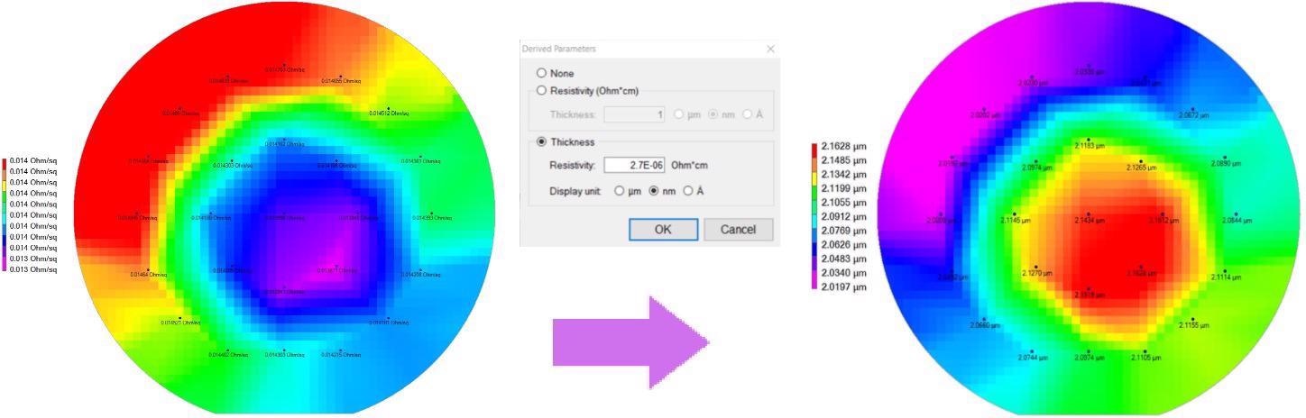 A 2µm thick aluminum layer is mapped for sheet resistance (left). The RsMapper software enables the derivation of film thickness (center) to produce the derived film thickness map (right). The thickness map exhibits an off-center mound, which may be due to an offset in the deposition system. Other possible causes include misalignment of the wafer to the metal target or a slight tilt in the wafer, which will also produce similar patterns.