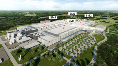 Rendering of Texas Instruments’ new 300mm semiconductor wafer fabs in Sherman, Texas. The first two fabs, SM1 and SM2, are currently under construction, with the potential for up to four fabs on the site.