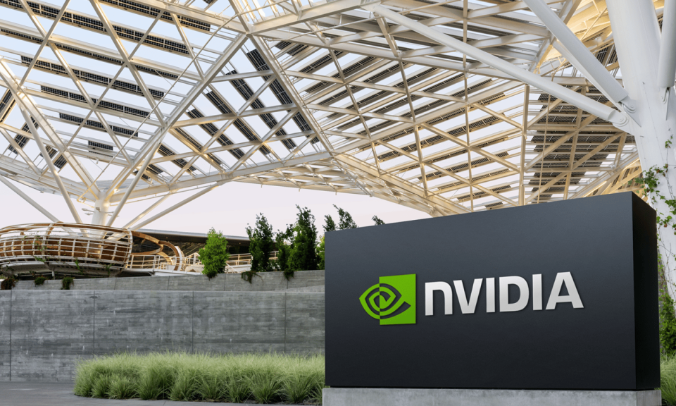 Trụ sở chính của Nvidia, với biển hiệu Nvidia ở phía trước.