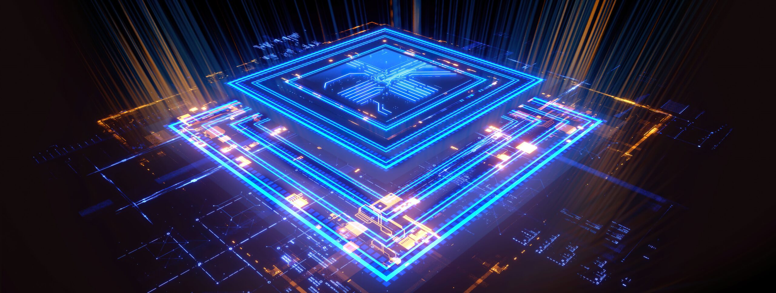 3D rendering of cyberpunk AI. Circuit board. Technology background. Central Computer Processors CPU and GPU concept. Motherboard digital chip. Tech science background.